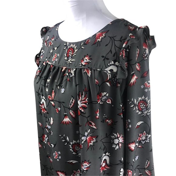 Loft Dark Gray Red Black Floral Long Sleeve Blouse with Ruffles size Medium - Picture 3 of 8